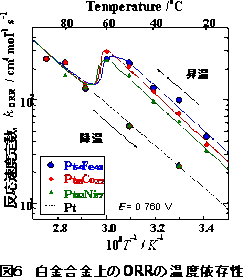 図６　白金合金上のORRの温度依存性