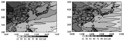 図 5  2000年春季における日中の最大地上O3濃度に関する季節平均値（单位：ppb）