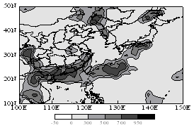 図6  2000年における春季と夏季の降水量差(mm)