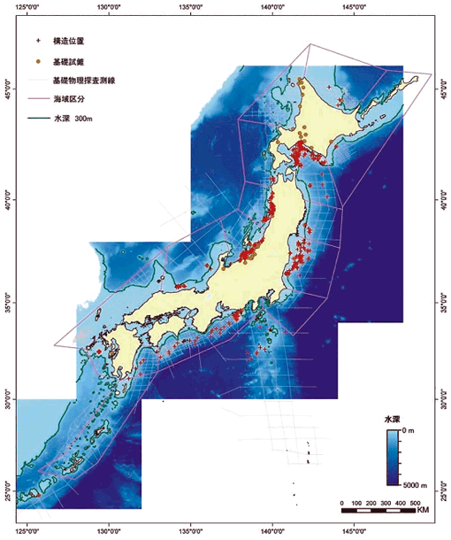 図－６　基礎物理探査より得た日本列島における背斜構造の分布図。＋ は背斜構造が存在する位置を示す