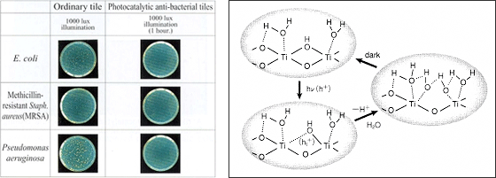 図４　光触媒タイルでのバクテリアなどの分解実験／図５　超親水性効果の反応機構
