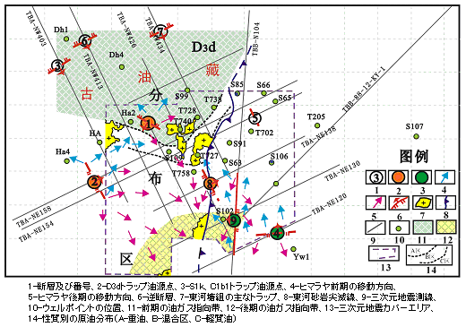 図10　塔河油田西南部の油源断層分布・移動経路分析図