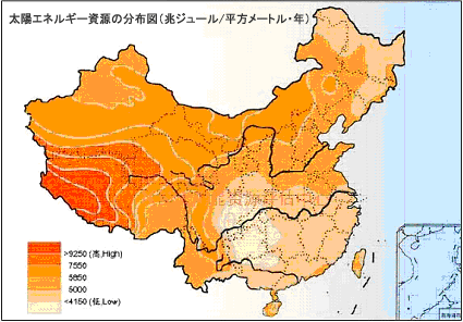 図1  中国における太陽エネルギー資源の分布
